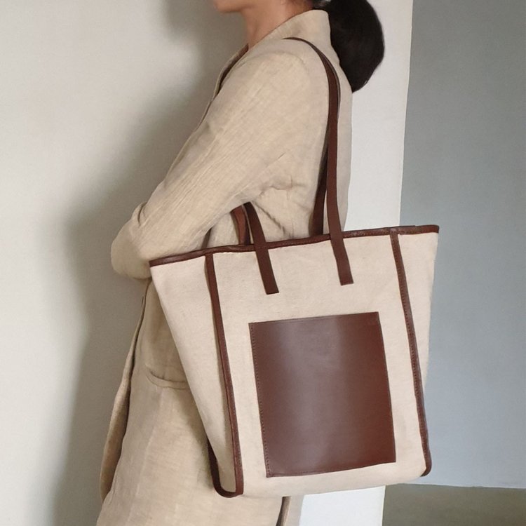 ◎GONIATELIER◎ Daily Shopper Bag | Leather& Canvas Durable Canvas Tote Bag Casual Shoulder Bags Unisex Canvas