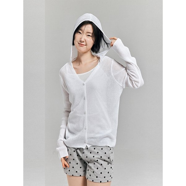 시스루 후드 니트 가디건 화이트