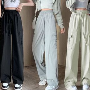 여성바지 밴딩바지 여상 하이웨이스트 밴딩 와이드 핏 카고 주머니바지 날씬한핏바지 검정바지