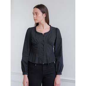 PLEATS DETAIL HEART NECK BLOUSE_BLACK