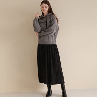 아방 Pleated Mix Long Hooded Dress - Dark Grey