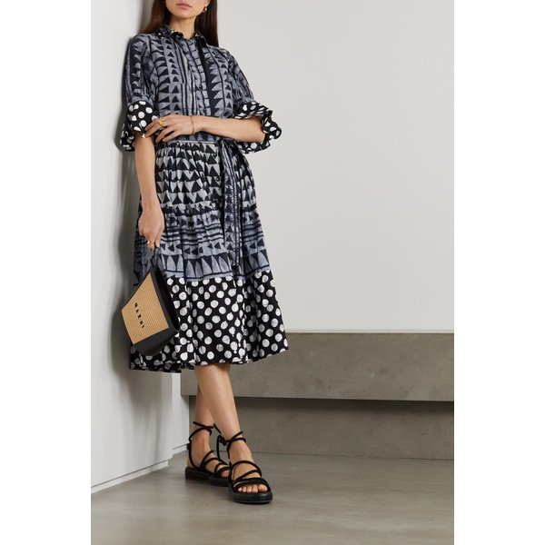 스튜디오 189 Belted Tiered Printed Cotton Midi Skirt 블랙 45666037504950797