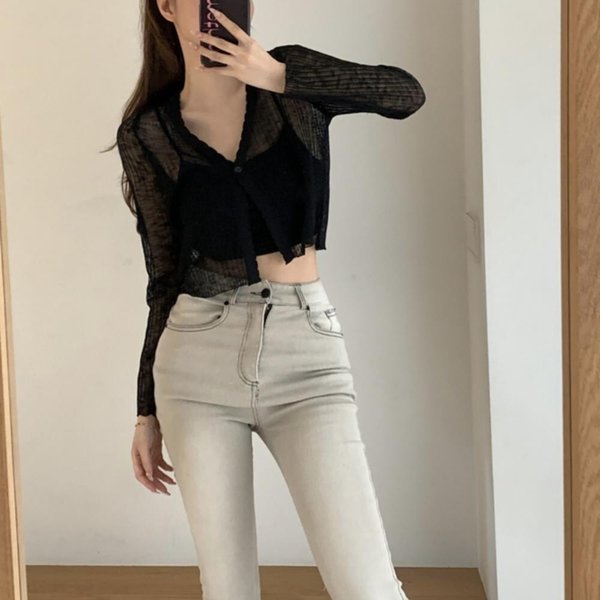 [옷자락] 여자 여름 시스루 비침 크롭 브이넥 긴팔 그물 가디건