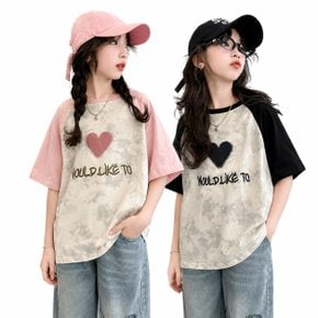 여아 초등학생  러빙하트 빈티지 배색 티셔츠