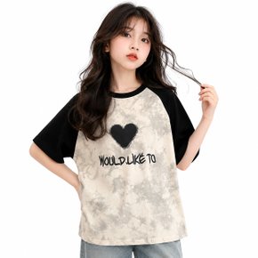 여아 초등학생  러빙하트 빈티지 배색 티셔츠