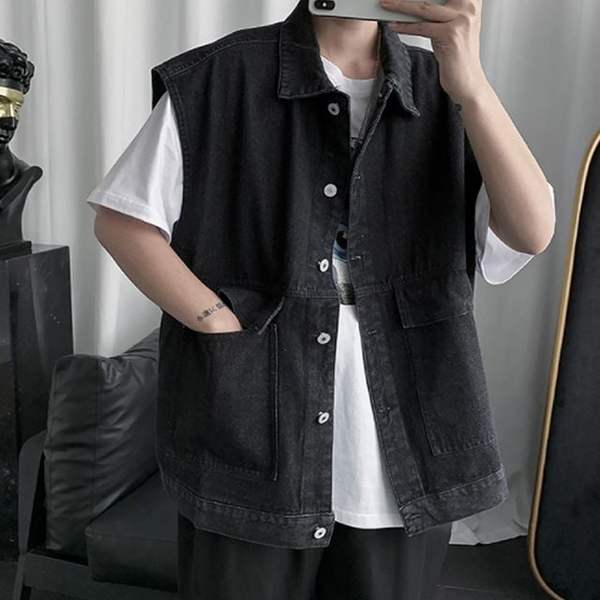 확대된 대표 남성 오버핏 빅포켓 데님조끼 청조끼 2컬러 블랙 연청