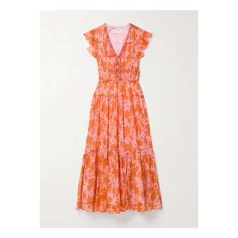 LA LIGNE 라 리뉴 올림피아 핀턱 러플 플로럴 프린트 실크 시폰 미디 드레스 오렌지 1647597360347611