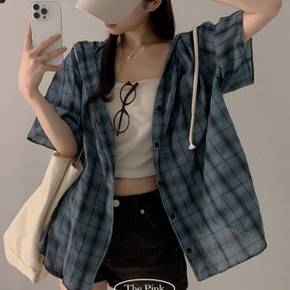 / 코미 체크 시스루 후드 반팔 셔츠