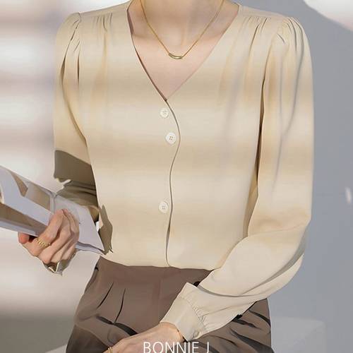 보니제이 / 유니크 브이넥 퍼프 블라우스 (S2XL) 빅사이즈 오피