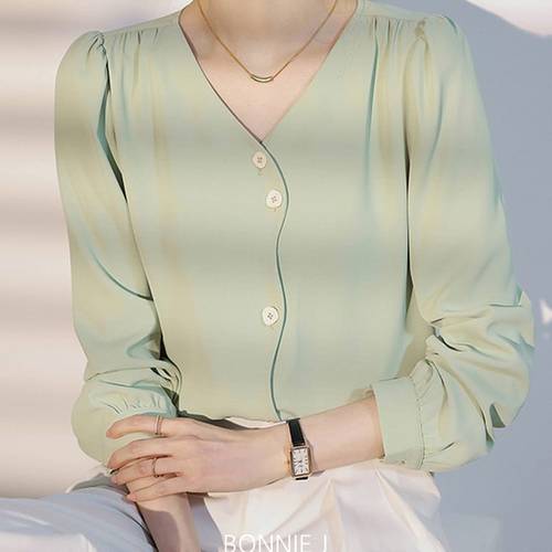 보니제이 / 유니크 브이넥 퍼프 블라우스 (S2XL) 빅사이즈 오피