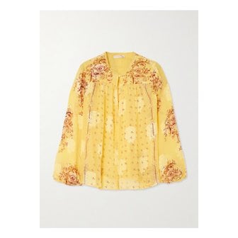 울라존슨 애스터 피콧 트리밍 프린트 실크 혼방 크레퐁 블라우스 옐로 46376663162870531