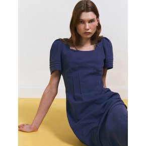 Tuck Detail Linen Dress (Navy)