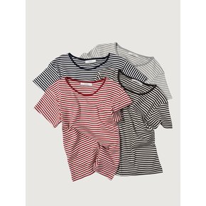 Stripe U-neck Button T-shirt -4color