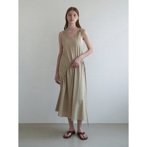 Shirring v-neck sleeveless dress - beige