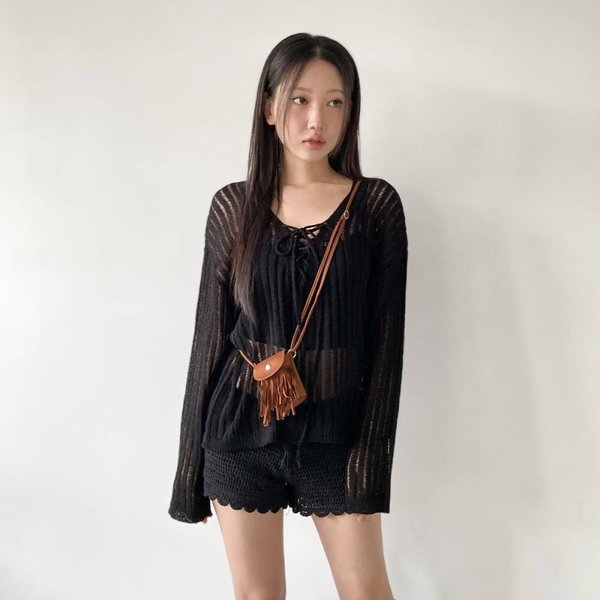 [옷자락] 여자 스웨이드 버튼 태슬 폰수납 미니 크로스백