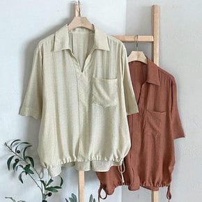 [옷자락] 여성 잔주름 포켓 루즈핏 스트링 반팔 셔츠