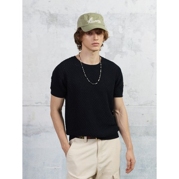 Men Waffle Crochet Short Sleeved Knit Top, Black