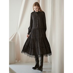 LACE TIERED PRINTING SHIRRING DRESS_BLACK