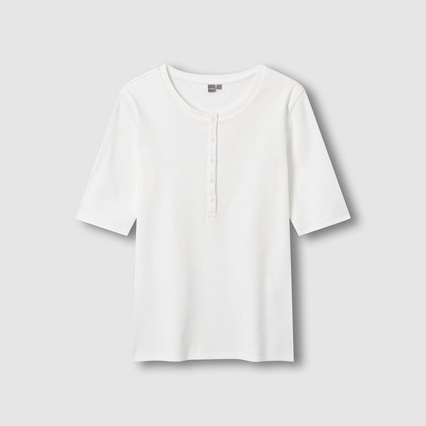 여 코튼 립 헨리넥 5부 티셔츠 J116201097001