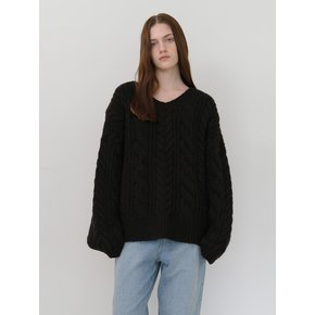 Wool overfit Vneck cable knit - Black