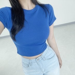 / 10컬러 무지 라운드 슬림핏 스판 쫀쫀 크롭 반팔 티