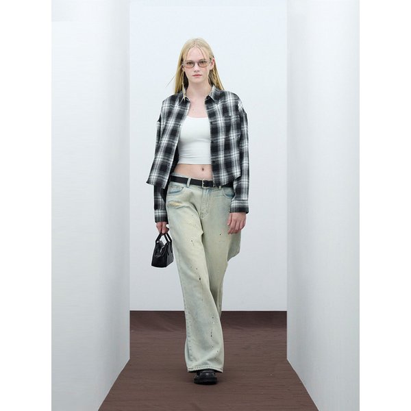 85-VIVA094 마스 크롭 긴팔 체크 셔츠 블랙