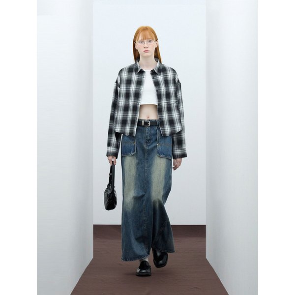 85-VIVA094 마스 크롭 긴팔 체크 셔츠 블랙