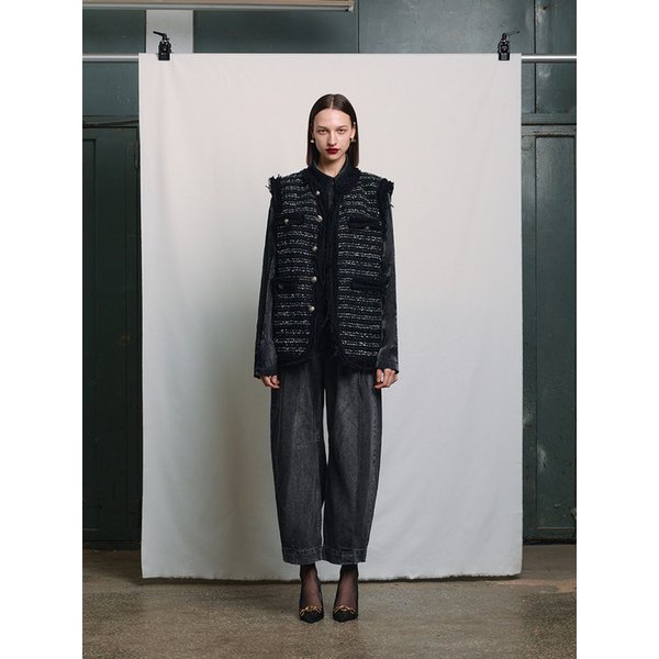 BLACK DISTRESSED 4-POCKET TWEED VEST