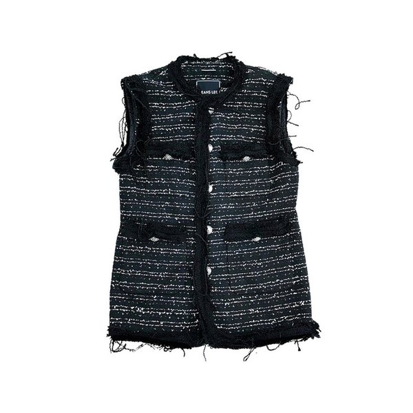 BLACK DISTRESSED 4-POCKET TWEED VEST