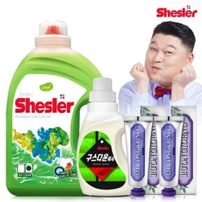 강호동의 쉬슬러 액상 세제 유칼립투스 3.05L 1개+구스다운워시전용 650ml 1개+잇몸케어 치약 100g 2개.