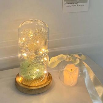 제이큐 일본안개꽃 프리저브드플라워 유리돔 LED무드등 7.5X19cm