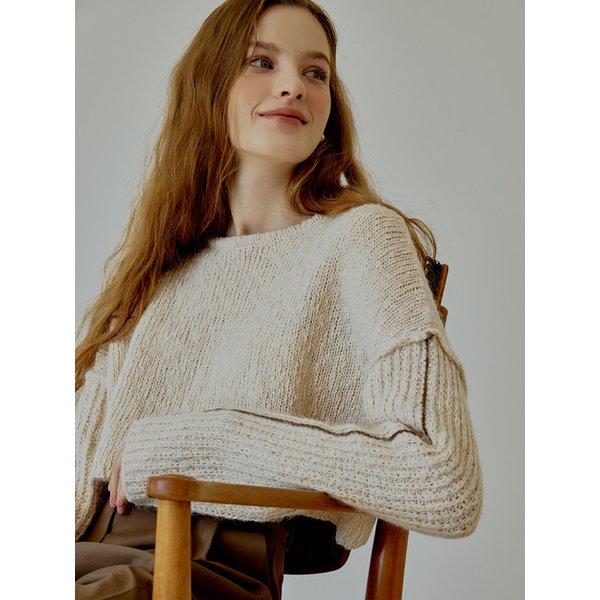 [리퍼브] Stitch line crop knit (cream)