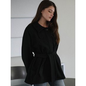 Belted High-Neck Half Coat [Black]