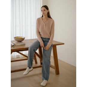 Feminine V-neck cropped knit_Pink