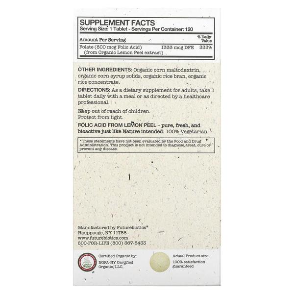 [해외직구] 퓨처바이오틱스 엽산 폴릭엑시드 레몬껍질추출 800mcg 120베지정 FutureBiotics Folic Acid From Lemon Peel 800 mcg 120 Vegetaria