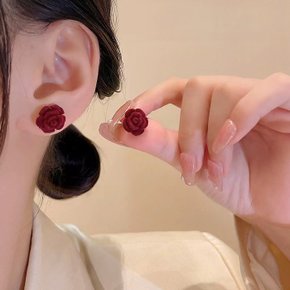털 복숭 와인 장미 은침귀걸이_IH