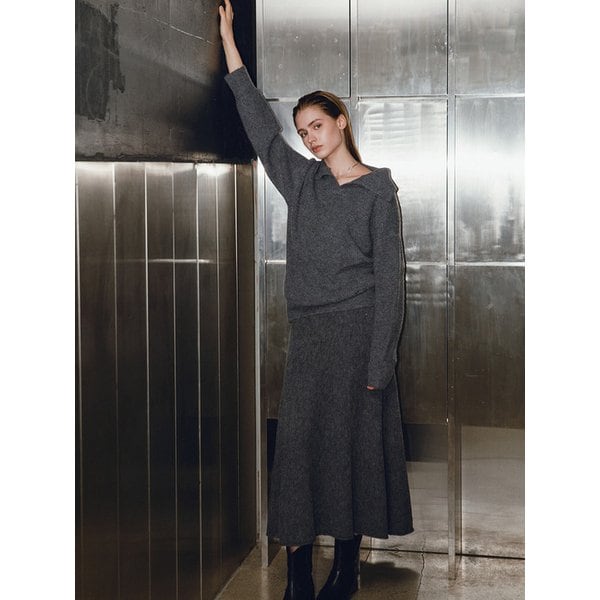 오픈 칼라넥 풀오버+A라인 니트 롱 스커트 셋업 (VJOCX7991)