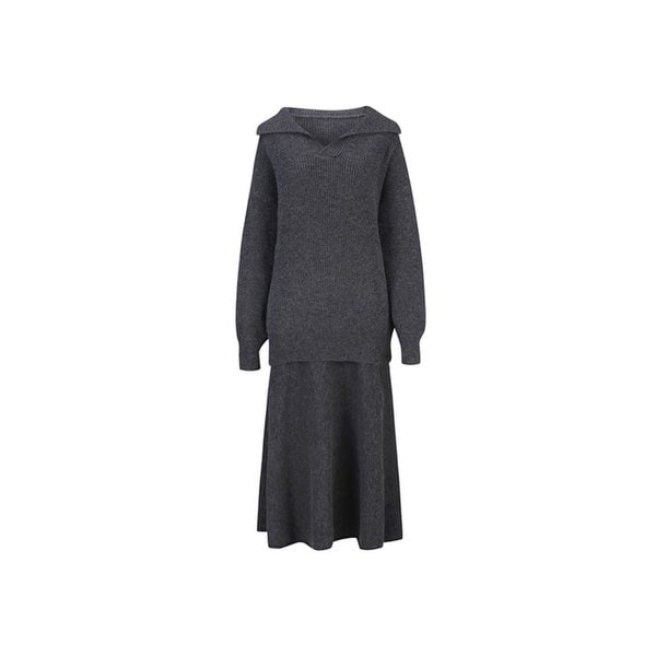 오픈 칼라넥 풀오버+A라인 니트 롱 스커트 셋업 (VJOCX7991)