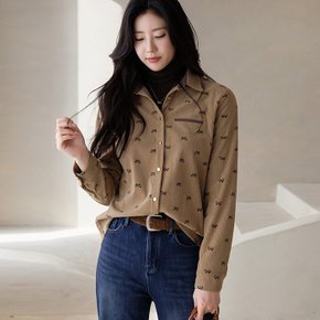 [루이스엔젤] 베이드 리본 프린팅 스웨이드 배색 코듀로이 셔츠 블라우스