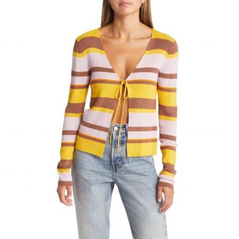 이스퀘어 4095532 VERO MODA Aura Stripe Tie Front Rib Cardigan