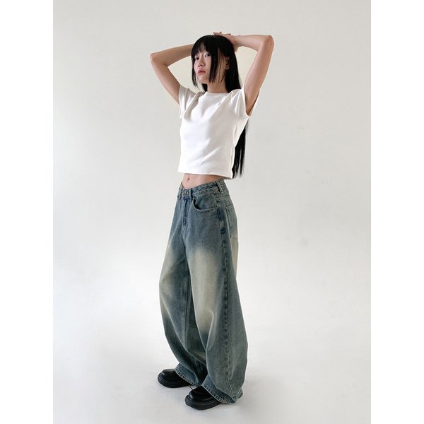 [9449] 투버튼 미디엄인디고 와이드 데님팬츠