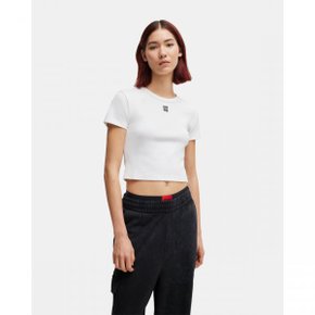 4649251 HUGO Cotton cropped slim-fit T-shirt with stacked logo - 100 White