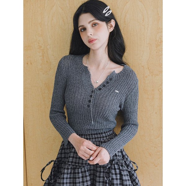 [리뉴얼/BEST]백 타이 리브드 버튼 포인트 골지 슬림핏 니트 상의