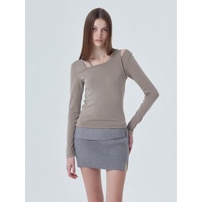 Curved Neck Slit T-Shirt, Ash Brown