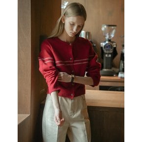 Line point round neck cardigan_Red