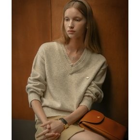 Double rib v-neck wool blended knit_Beige