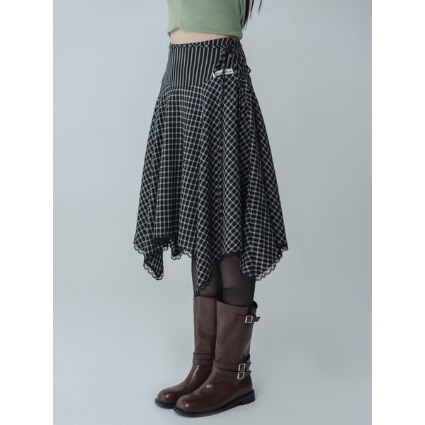 WAVE CHECK LACE SKIRT_BLACK