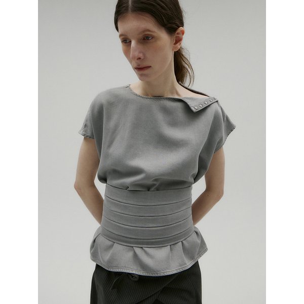 GARMENT-DYED SOFT DENIM SNAP BLOUSE & PINTUCK BUSTIER SET UP [GREY]