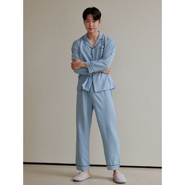 남성 피오니 샌드워싱 긴소매 카라 잠옷