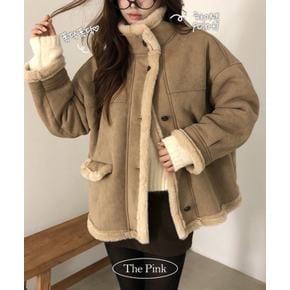 / 브온 루즈핏 하이넥 양털 퍼 절개 무스탕 하프 코트